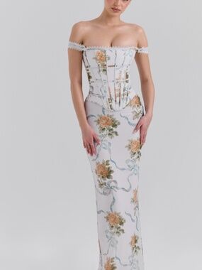 NWOT HOUSE OF CB ISIS Soft Blue Vintage Print Corset Maxi Dress XS Reg Cup